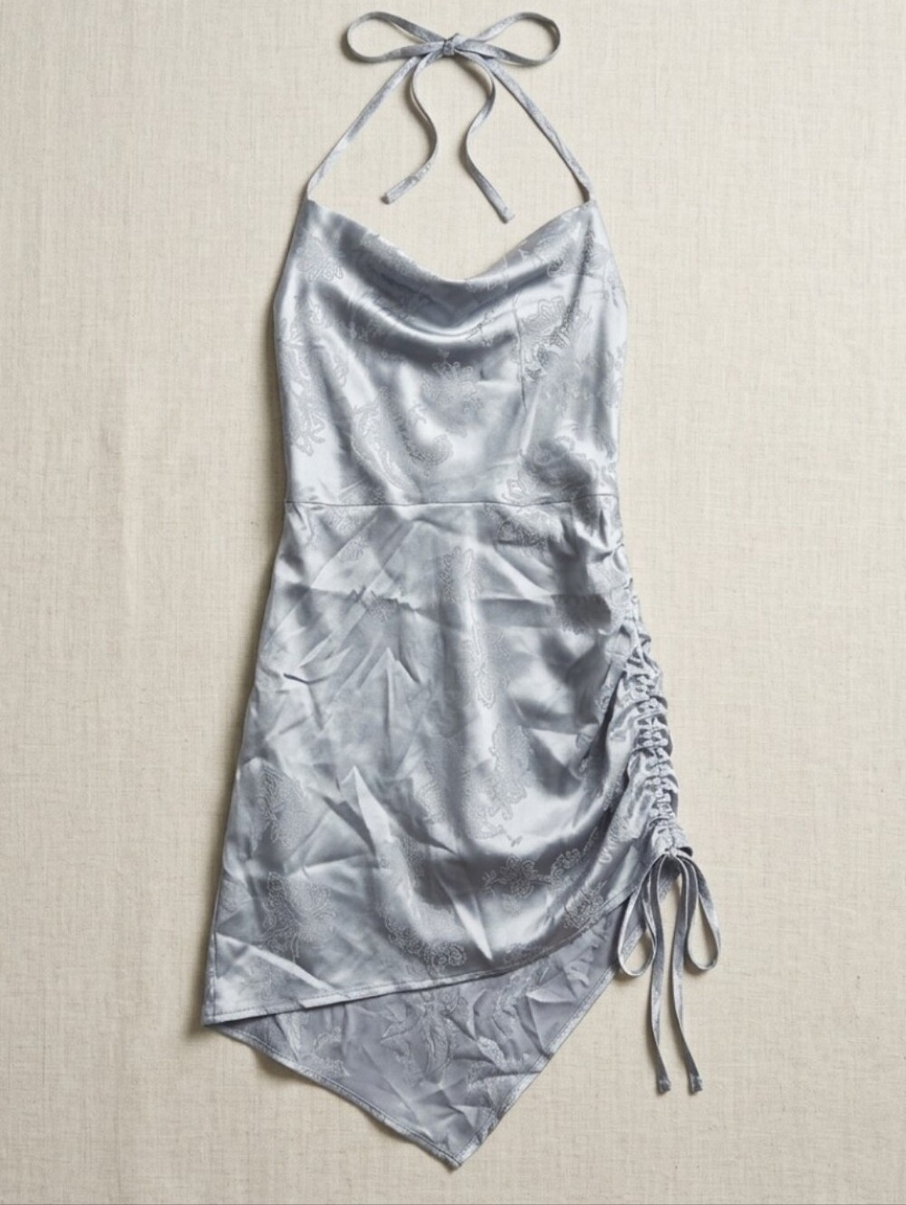 Cider Satin Floral Jacquard Ruched Asymmetrical Dress Silver Grey Size S